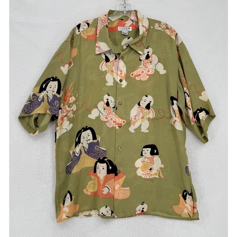Citron Santa Monica Mens Green Japanese Inspired Doll Graphic Silk Shirt Sz M